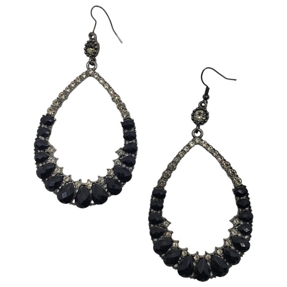 Large Gunmetal Gray Black White Rhinestone Teardrop Hook Dangle Pierced Earrings - Picture 6 of 10